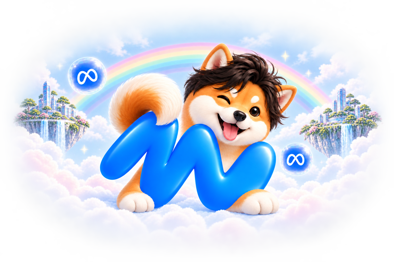 The museinu dog centered under a rainbow, with clouds, floating garden cities, and blue infinity bubbles around him.